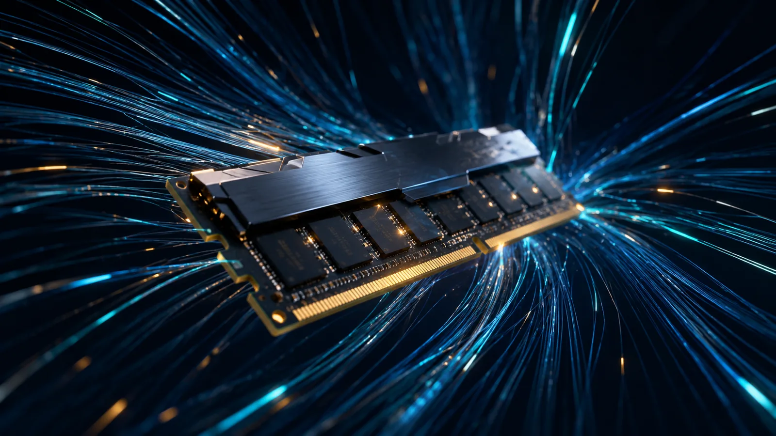 Primer plano de un módulo de memoria RAM con disipador sobre un fondo oscuro atravesado por estelas de luz azules y doradas.