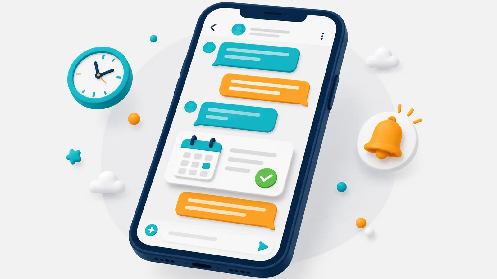 Ilustración: un móvil con una conversación de chat y una tarjeta de cita confirmada con calendario y marca de verificación verde, rodeado de un reloj y una campana de notificación.
